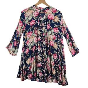 Pink Blush Floral Print Dress Long Sleeve Tunic Top Keyhole Neckline Women SMALL